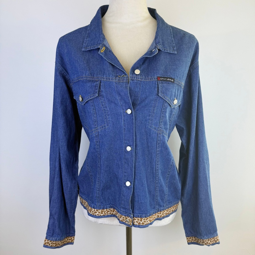 VTG 90's OFNY Jeans Women Medium Wash Denim Jacket Animal Print Trim Cotton Sz L
